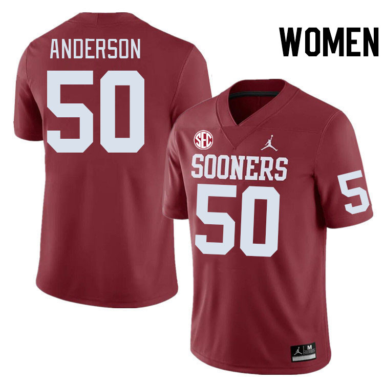 Women #50 Ben Anderson Oklahoma Sooners 2024 SEC Conference College Football Jerseys-Crimson